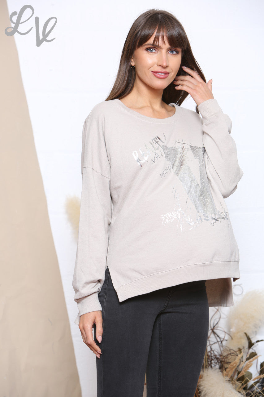 Ladies Foil V Script Graphic Sweatshirt Top Stone