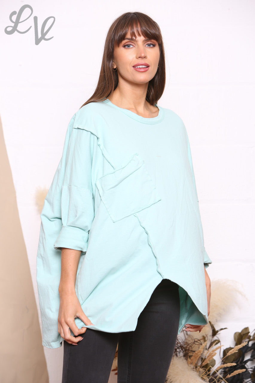 Ladies Pocket Front Plain Sweatshirt Top Mint