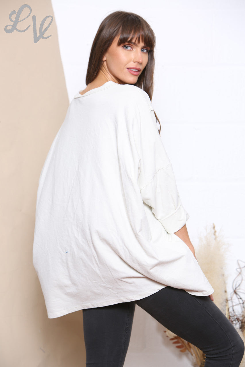 Ladies Pocket Front Plain Sweatshirt Top White