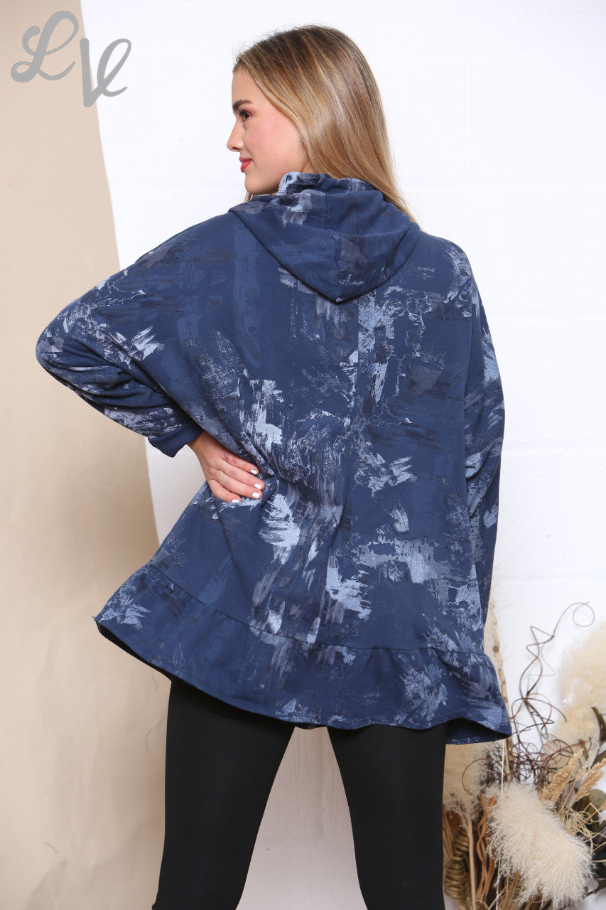 Ladies Brush Stroke Print Hooded Sweatshirt Top Navy