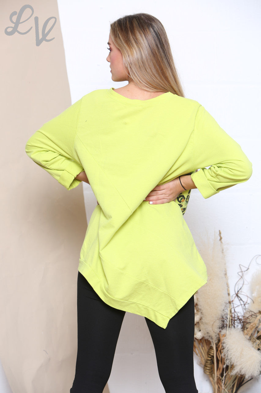 Ladies Leopard Print Patch Sweatshirt Top Lime