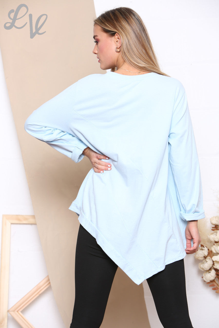 Ladies Leopard Print Patch Sweatshirt Top Sky Blue