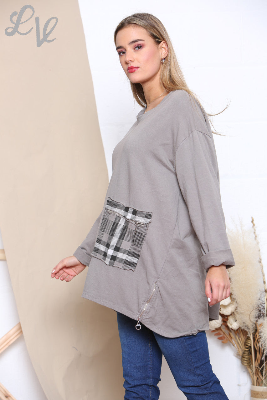 Ladies Checked Patchwork Pocket Sweatshirt Top Taupe