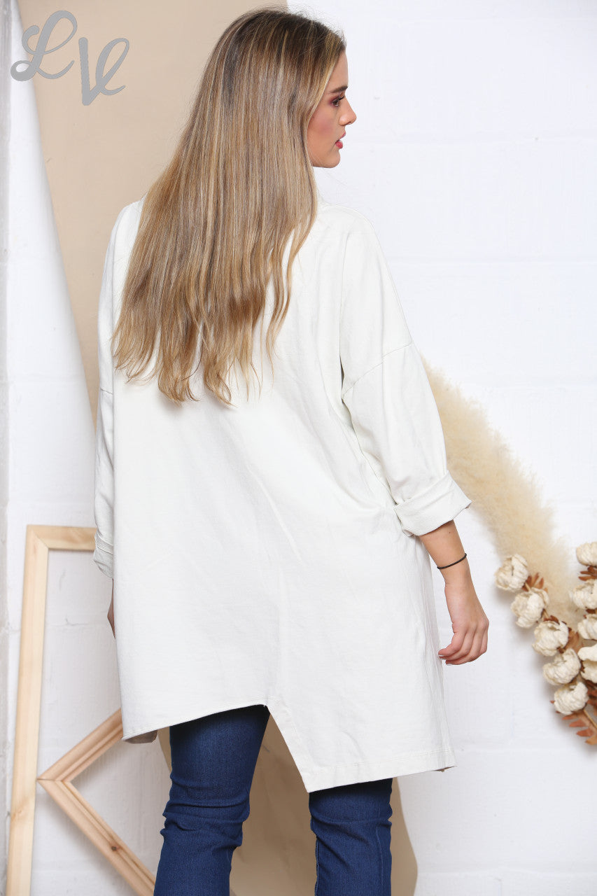 Ladies Drawstring Neckline Sweatshirt Top White