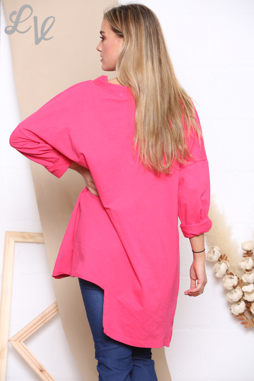Ladies Drawstring Neckline Sweatshirt Top Cerise