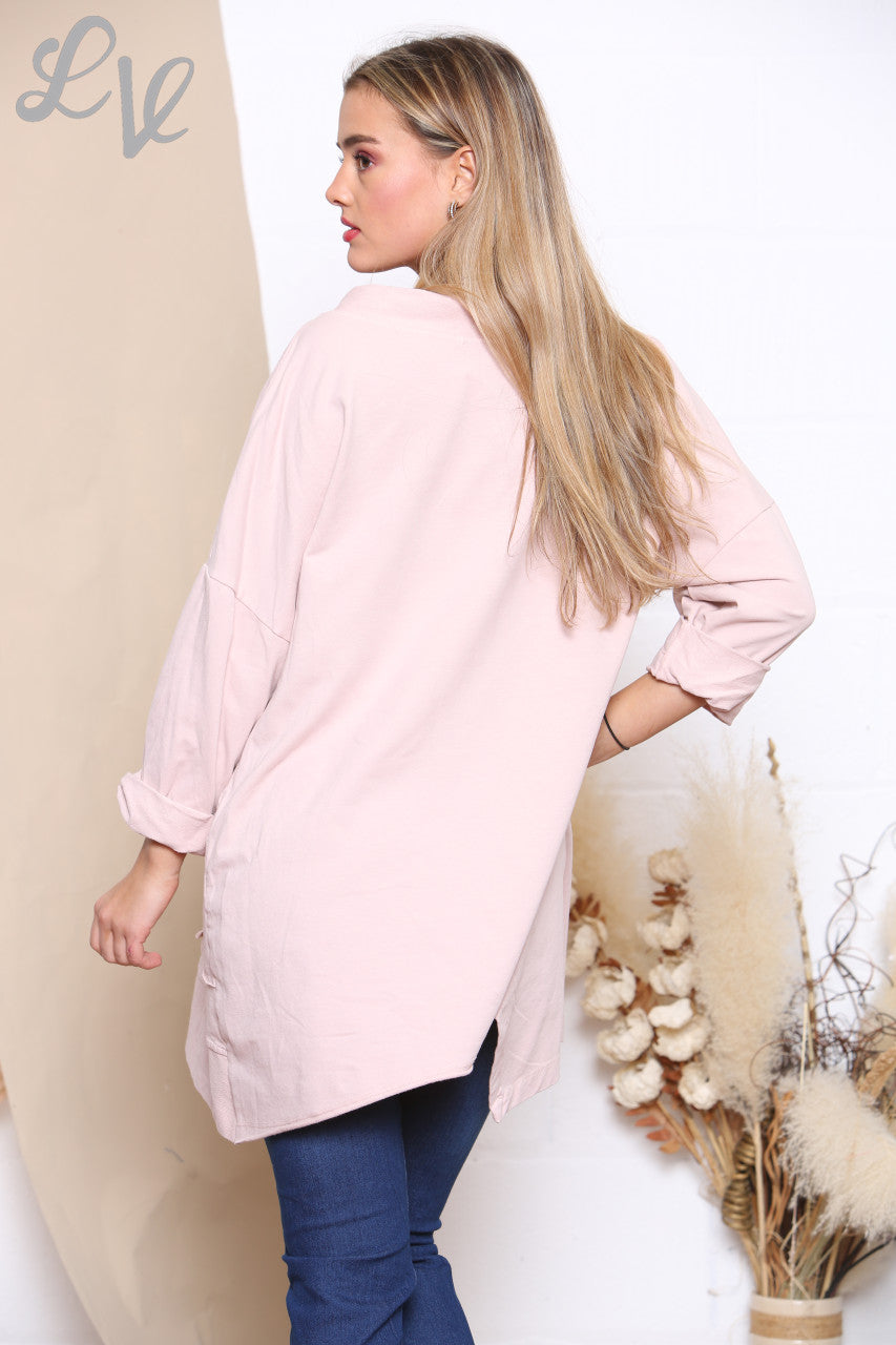 Ladies Drawstring Neckline Sweatshirt Top Dusty Pink
