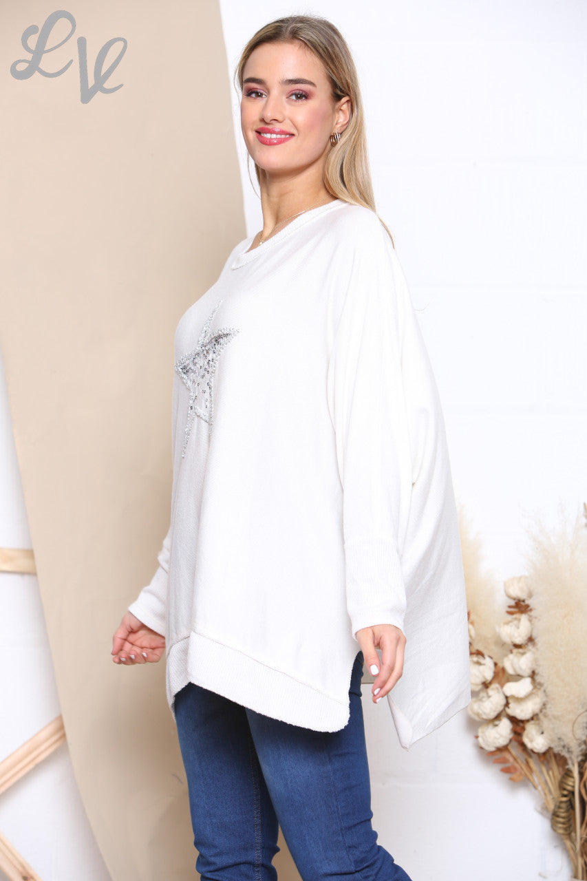 Ladies Sequin Star Fine Knit Jumper Top White