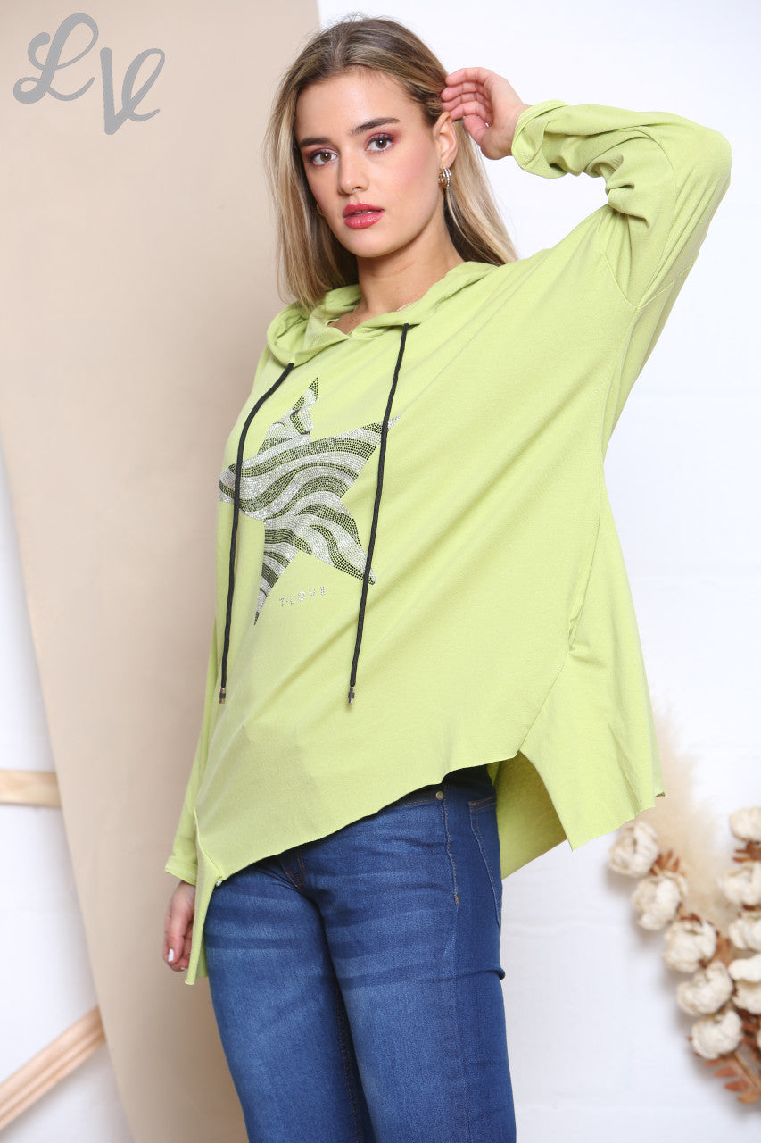 Ladies Sequin Animal Star Hooded Sweatshirt Top Lime