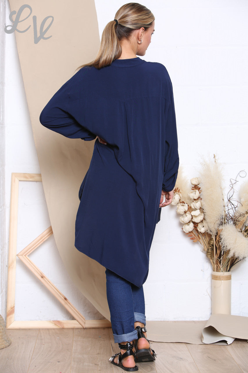 Ladies Longline Floaty Grandad Collar Shirt Navy