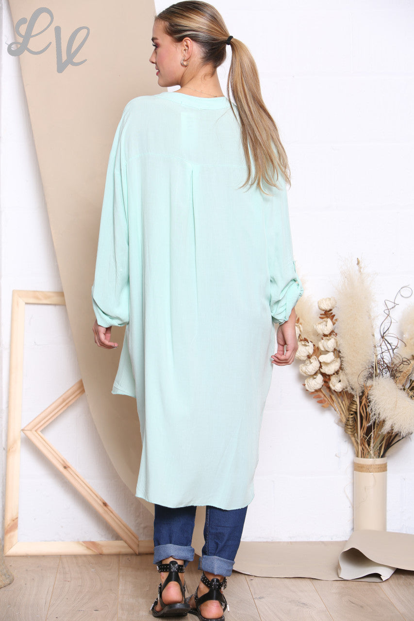Dames Longline Floaty Overhemd met Grandad Kraag Mint