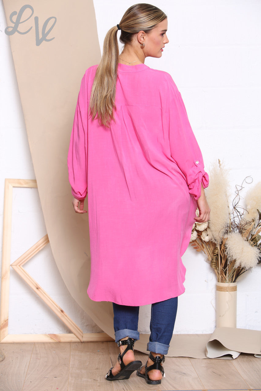 Ladies Longline Floaty Grandad Collar Shirt Cerise