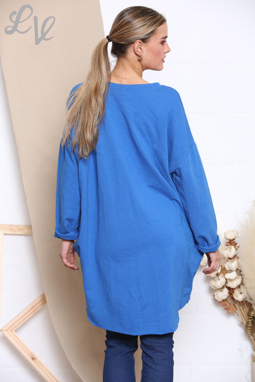 Ladies Sequin Rock N Roll Graphic Sweatshirt Top Royal Blue