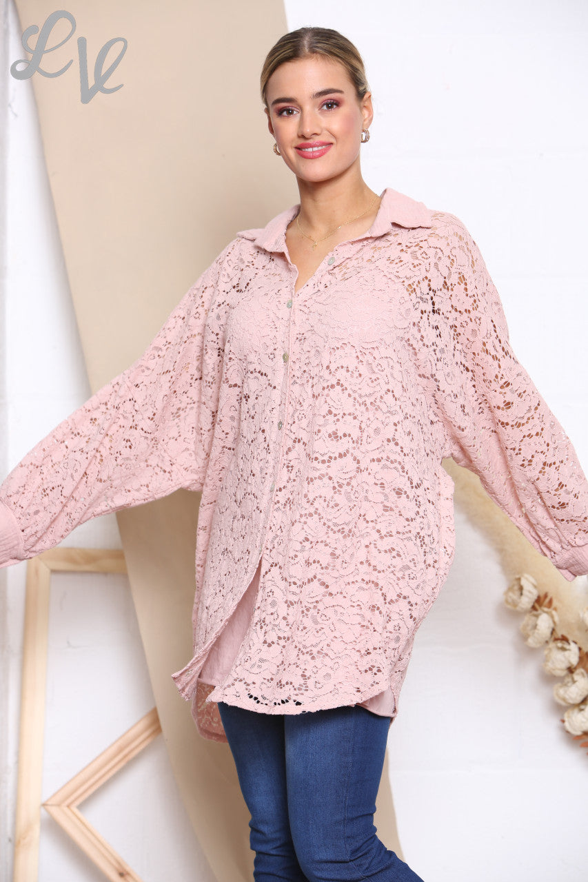 Dames Kanten Shirt Top Oudroze