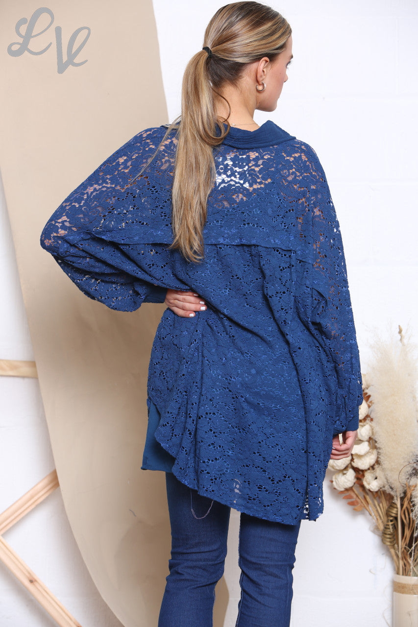 Dames Kanten Shirt Top Marine