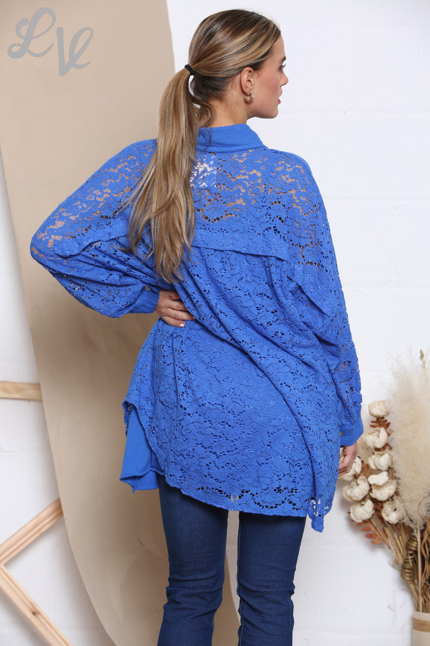 Dames Kanten Shirt Top Koningsblauw