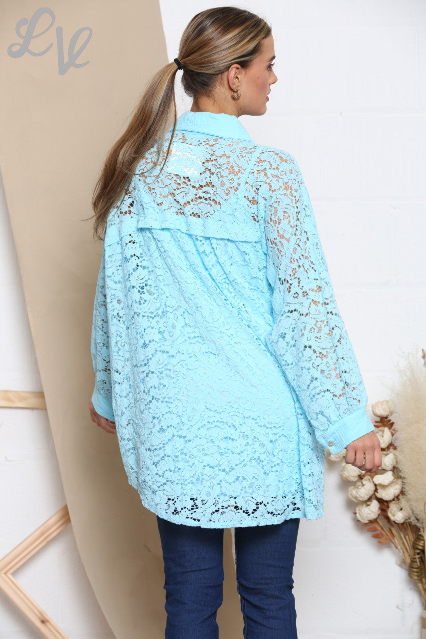 Dames Kanten Shirt Top Turkoois