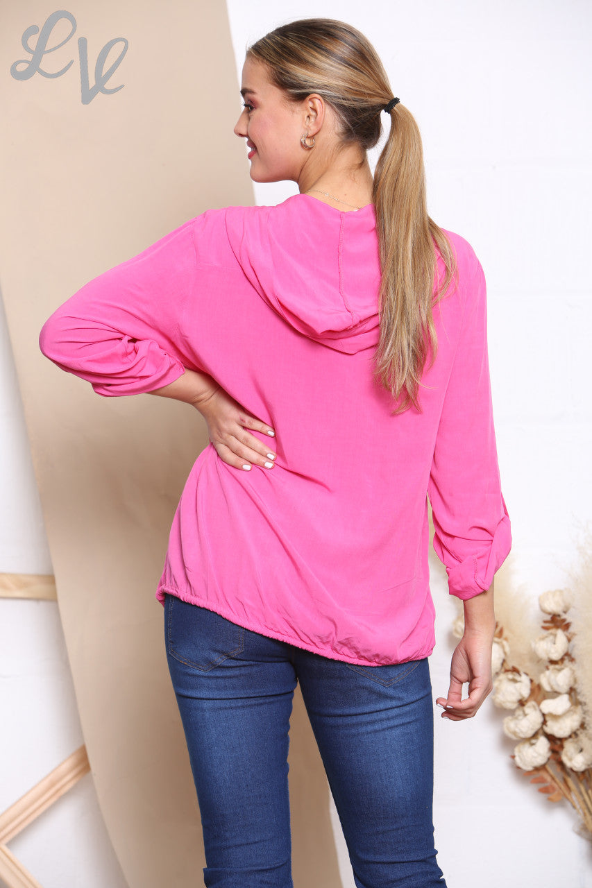 Ladies Button Front Sequin Pocket Hooded Jacket Top Cerise