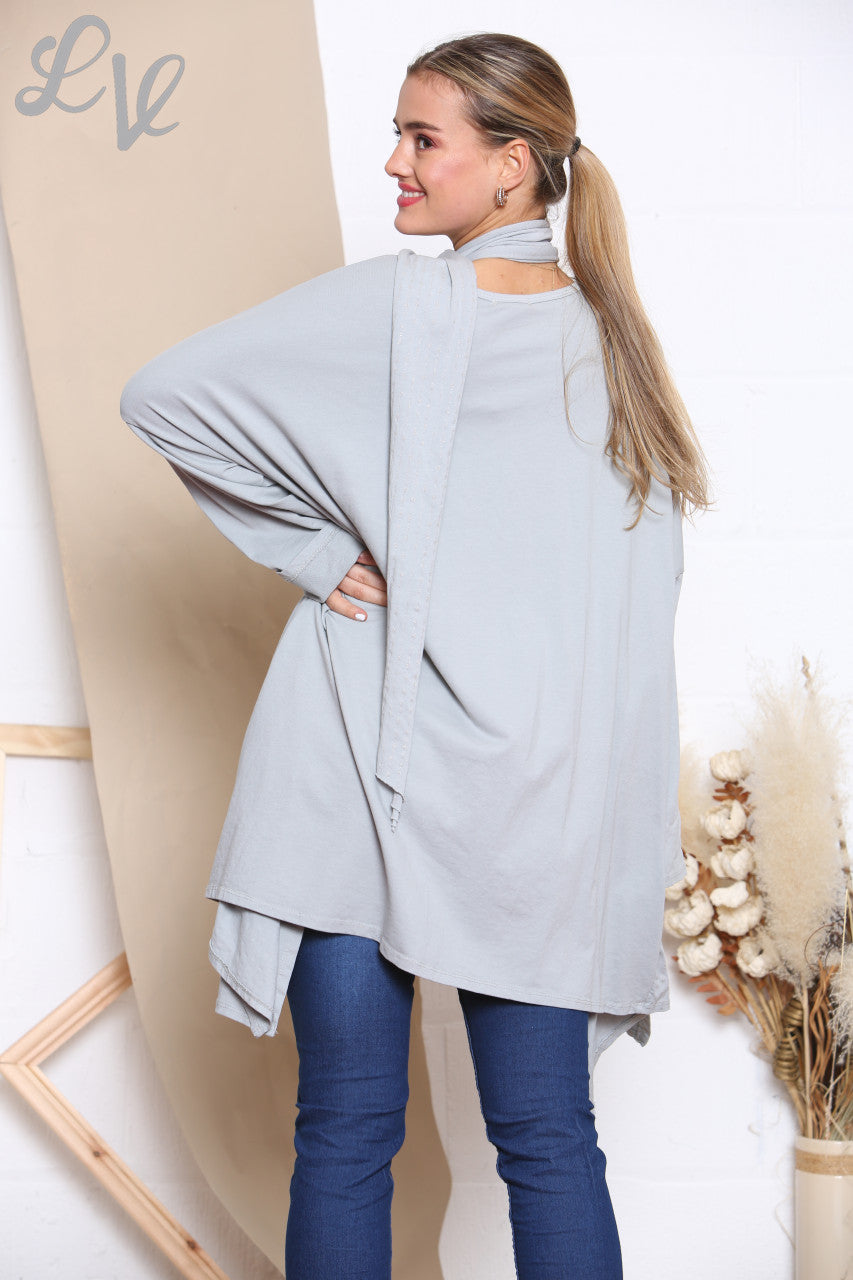 Ladies Glitter Stitch Detail Sweatshirt Top With Scarf Silver
