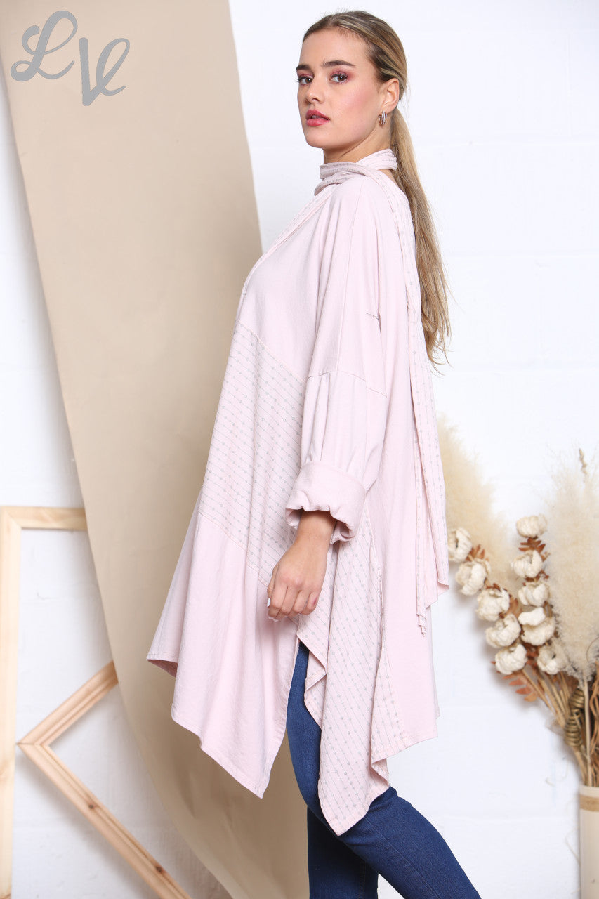 Ladies Glitter Stitch Detail Sweatshirt Top With Scarf Dusty Pink