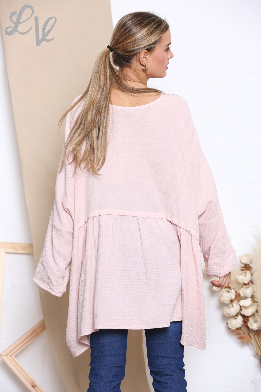 Ladies Lagenlook Floaty Top With Necklace Dusty Pink