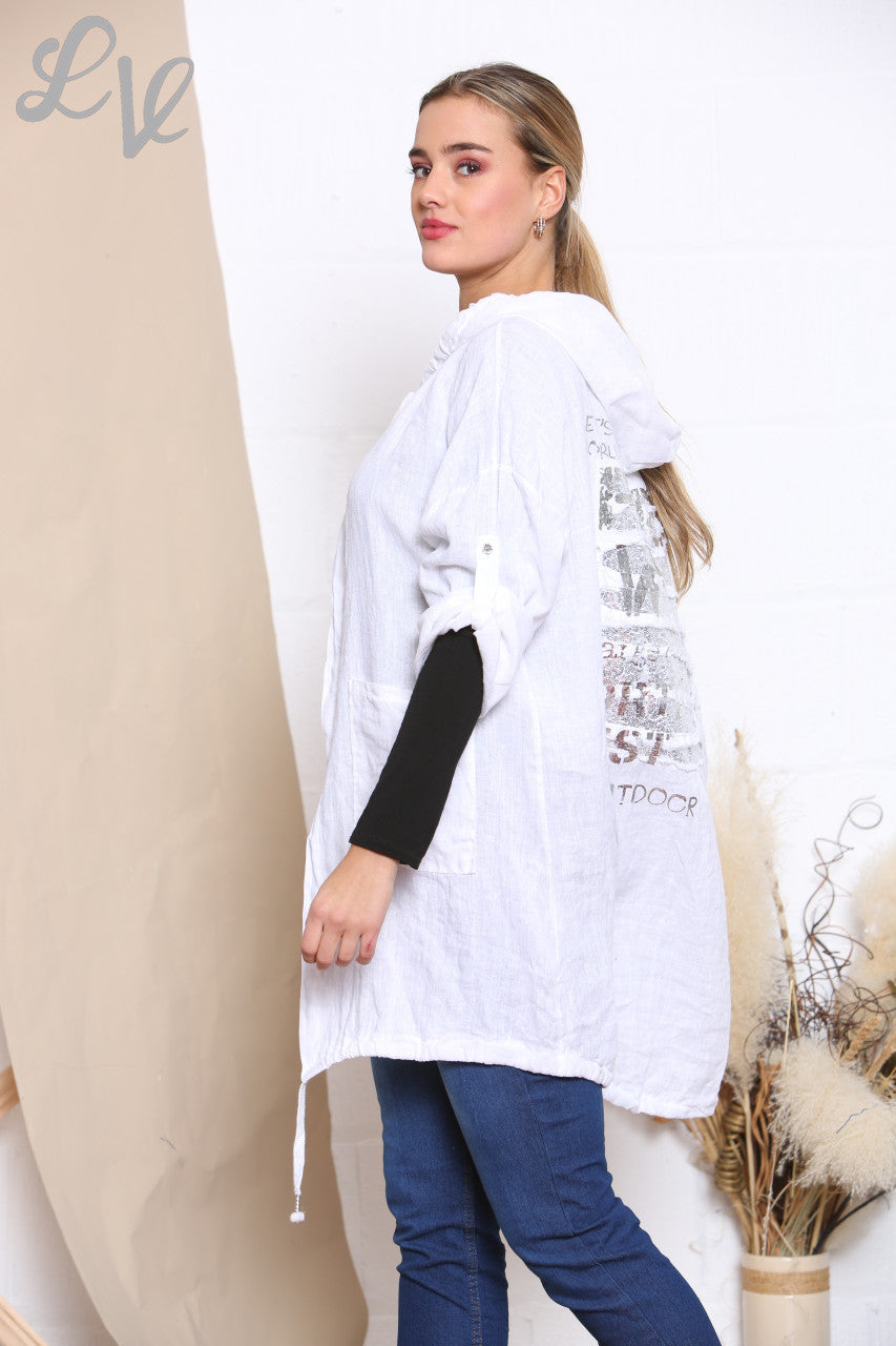 Dames vestjack met capuchon en foliedetail op de rug wit