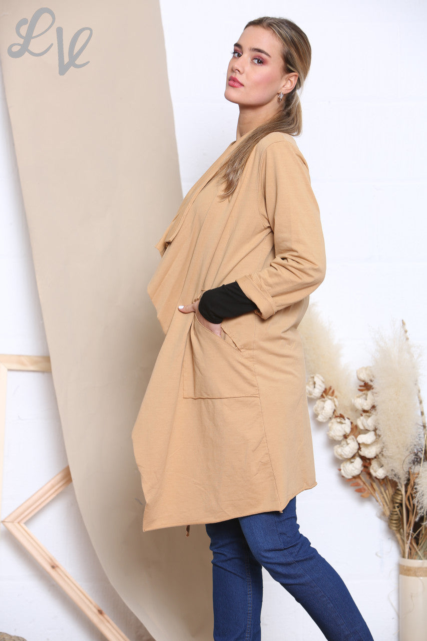 Ladies Waterfall Jacket Cardigan Tan
