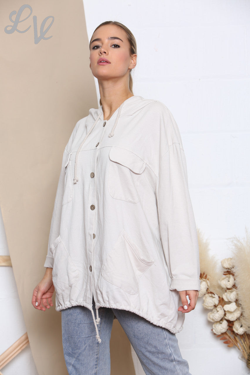 Ladies Hooded Button Front Jacket Top Stone