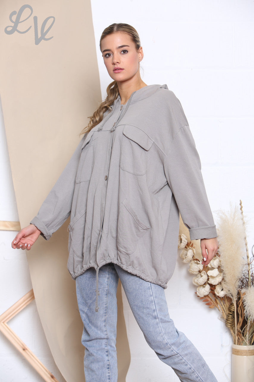 Ladies Hooded Button Front Jacket Top Taupe