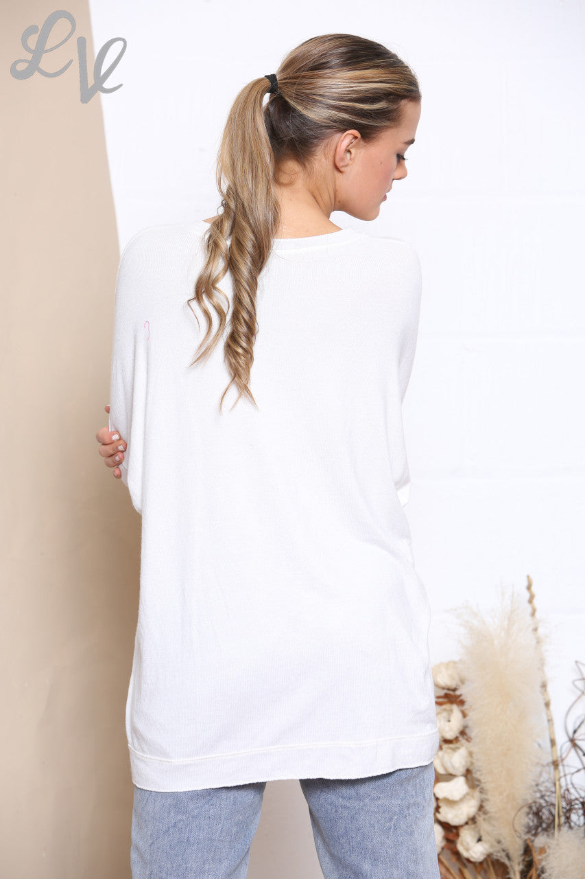 Ladies Rockstar Graphic Fine Knit Jumper Top White