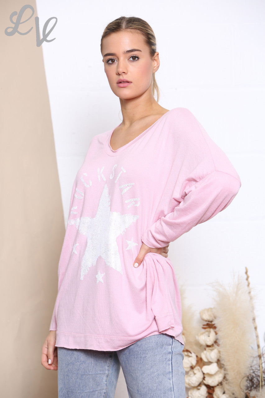 Ladies Rockstar Graphic Fine Knit Jumper Top Dusty Pink