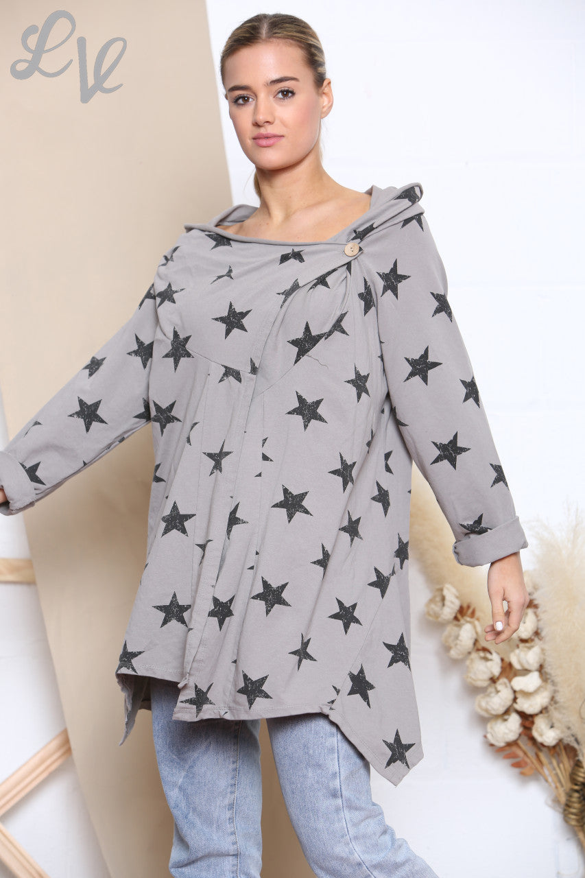 Ladies Star Print Wrap & Button Front Jacket Top Taupe