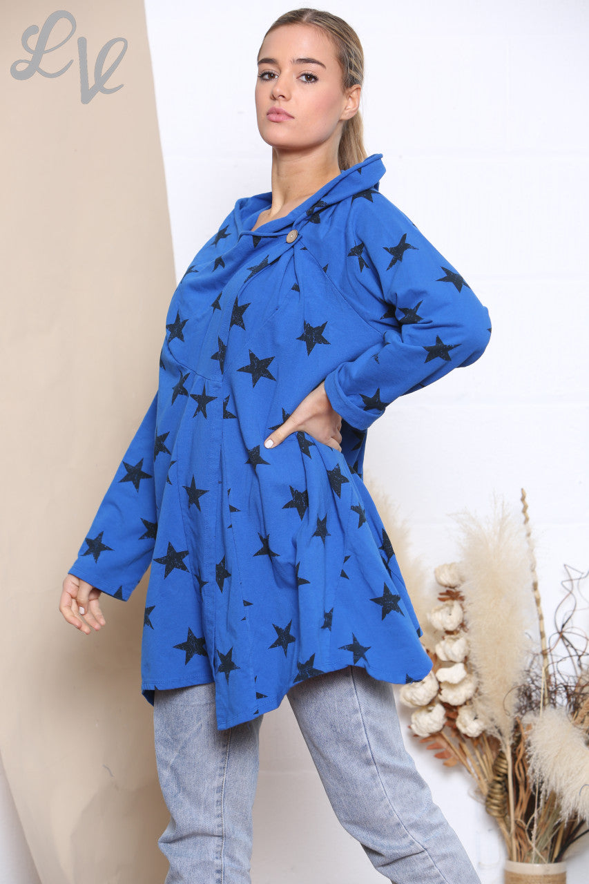 Ladies Star Print Wrap & Button Front Jacket Top Royal Blue