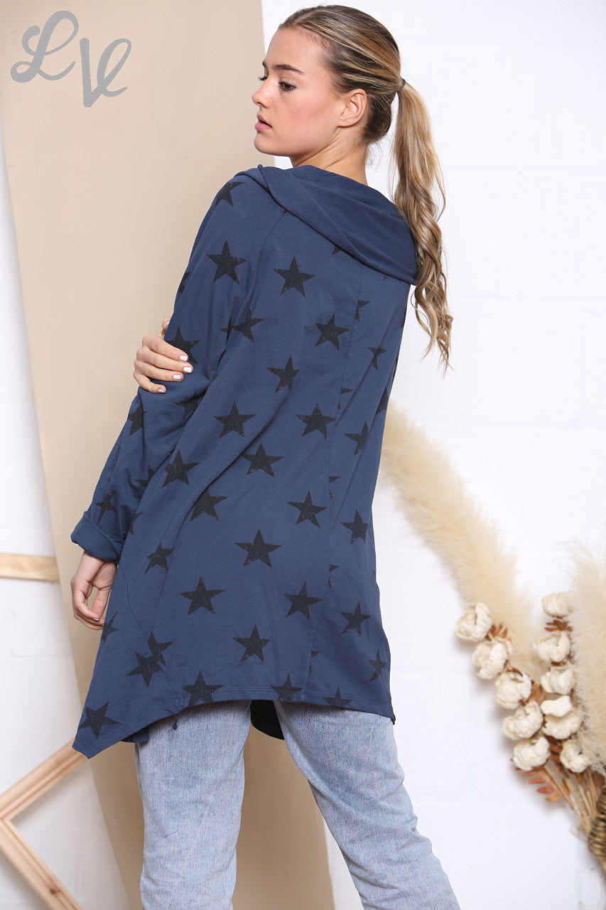 Ladies Star Print Wrap & Button Front Jacket Top Navy