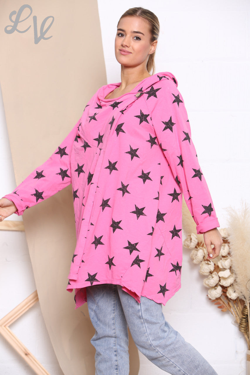 Dames Jasje Met Sterrenprint, Overslag En Knoopsluiting Cerise