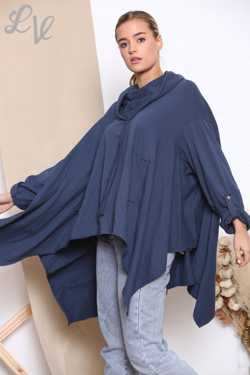 Ladies Draped Cowl Neck Sweatshirt Top Navy