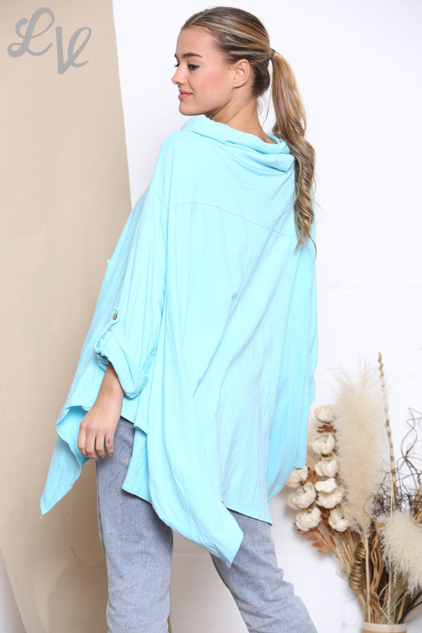 Ladies Draped Cowl Neck Sweatshirt Top Turquoise