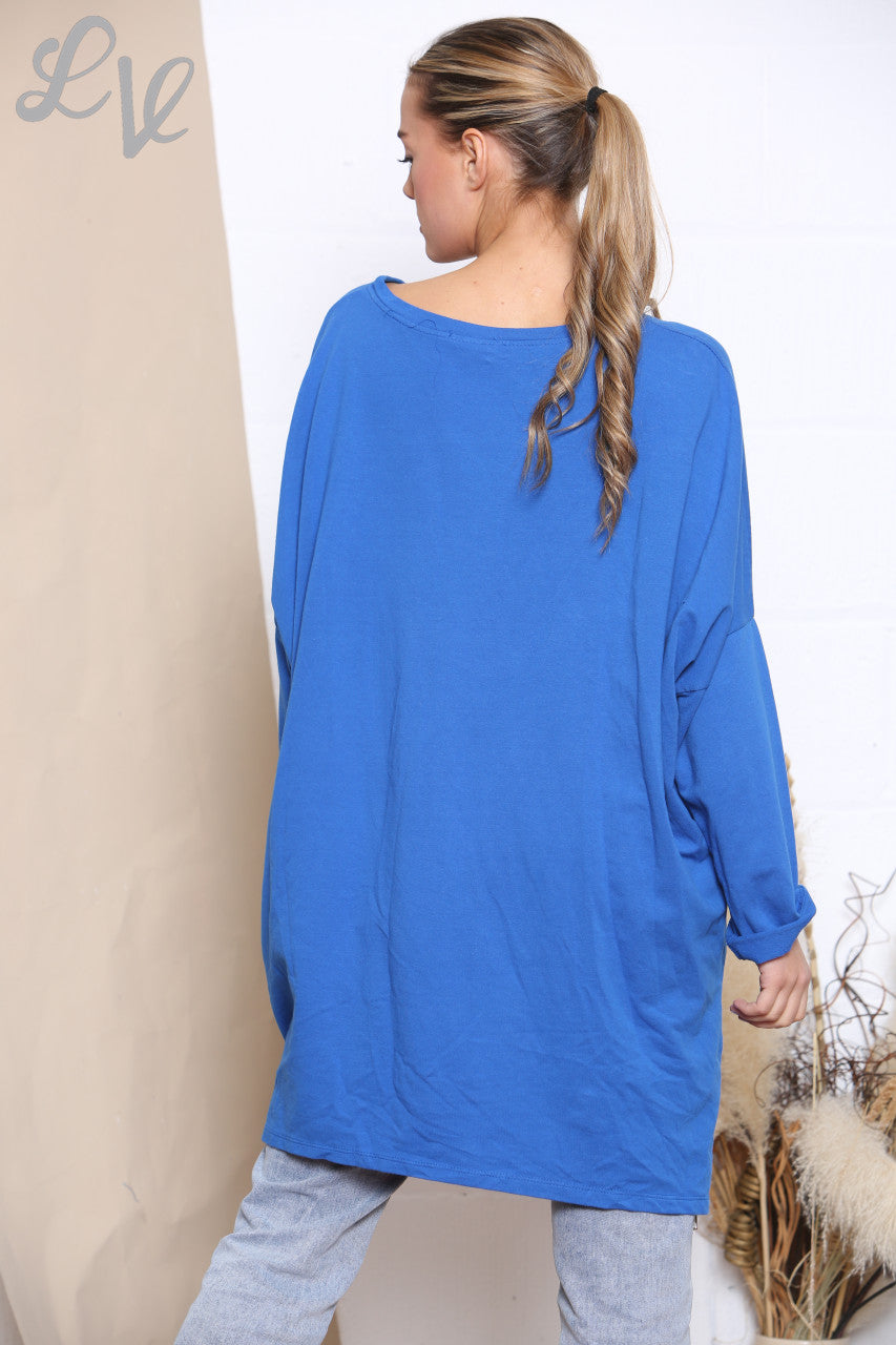 Ladies Shapes Print Graphic Sweatshirt Top Royal Blue