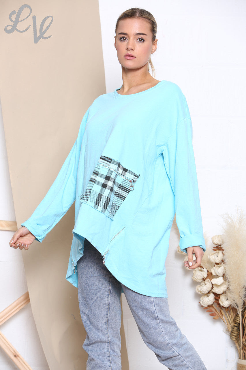 Ladies Checked Patchwork Pocket Sweatshirt Top Turquoise