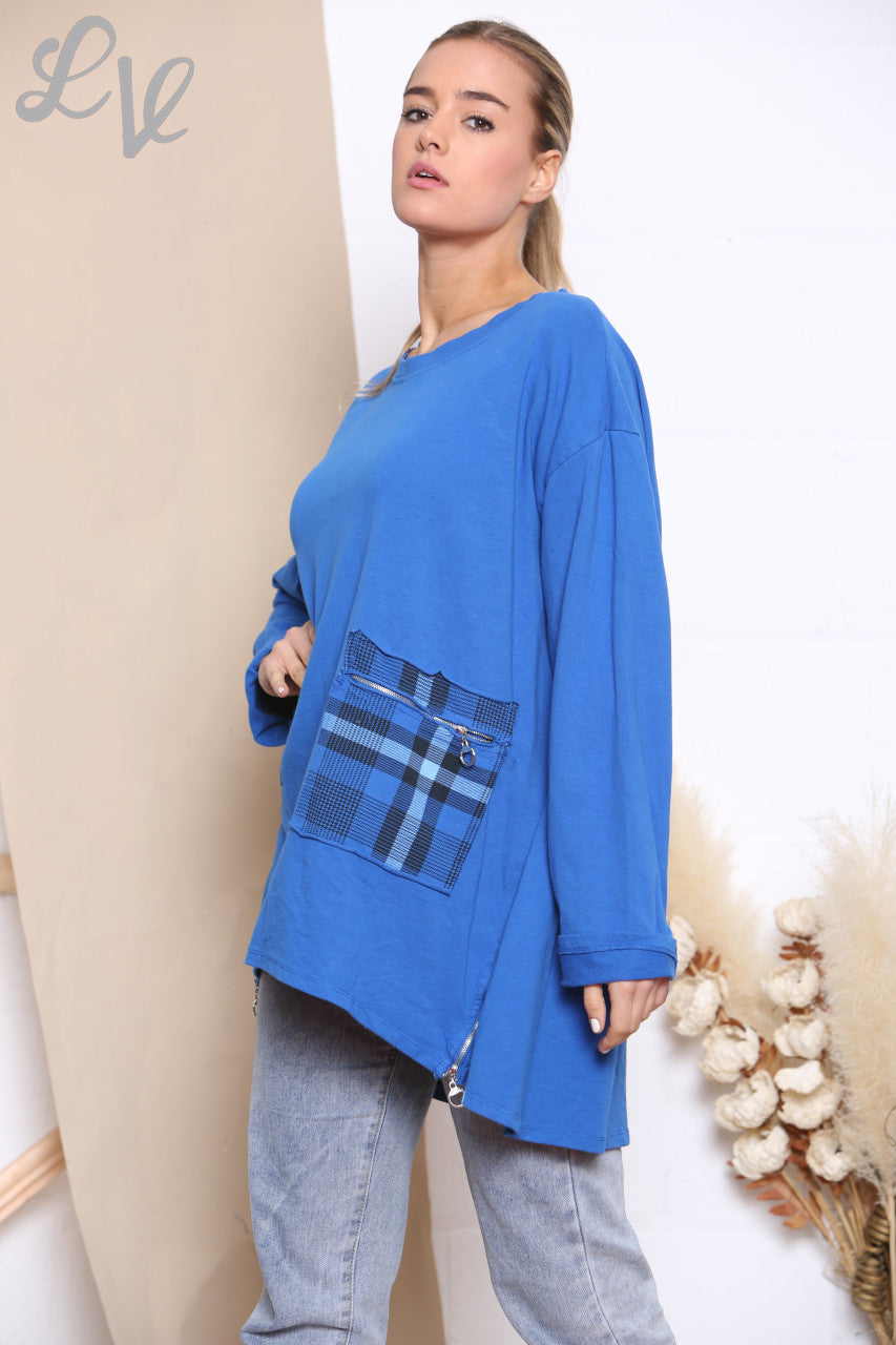 Ladies Checked Patchwork Pocket Sweatshirt Top Royal Blue
