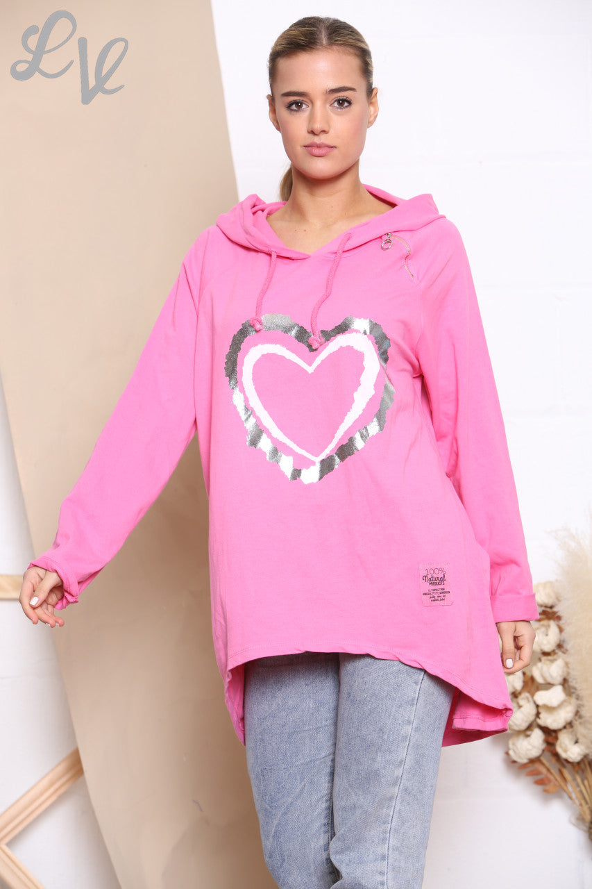 Ladies Foil Double Heart Hooded Sweatshirt Top Cerise