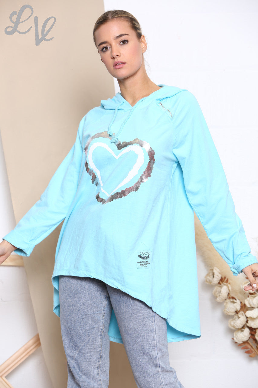 Dames Folie Dubbel Hart Hooded Sweatshirt Top Turkoois