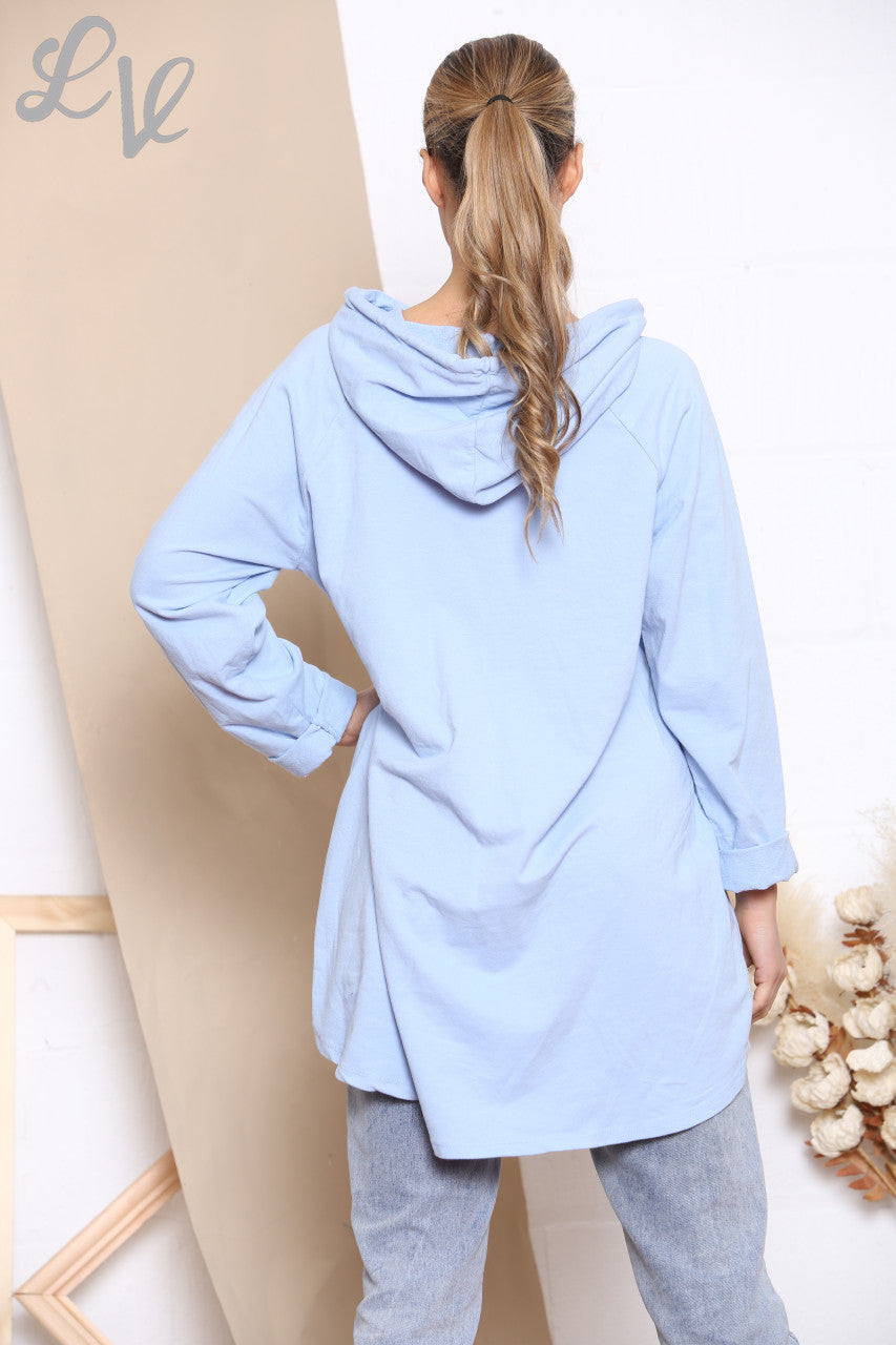 Ladies Foil Double Heart Hooded Sweatshirt Top Sky Blue