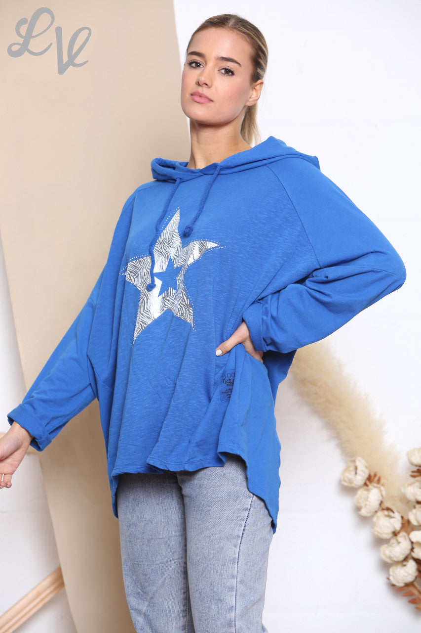 Ladies Animal Star Foil Sweatshirt Hooded Top Royal Blue