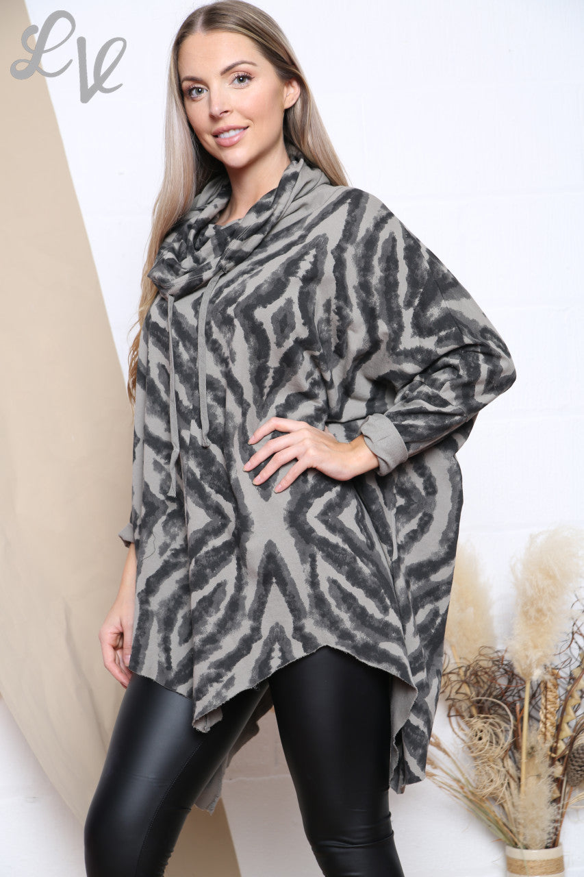 Ladies Geometric Print Cowl Neck Tunic Top Taupe Unit Price £12.99