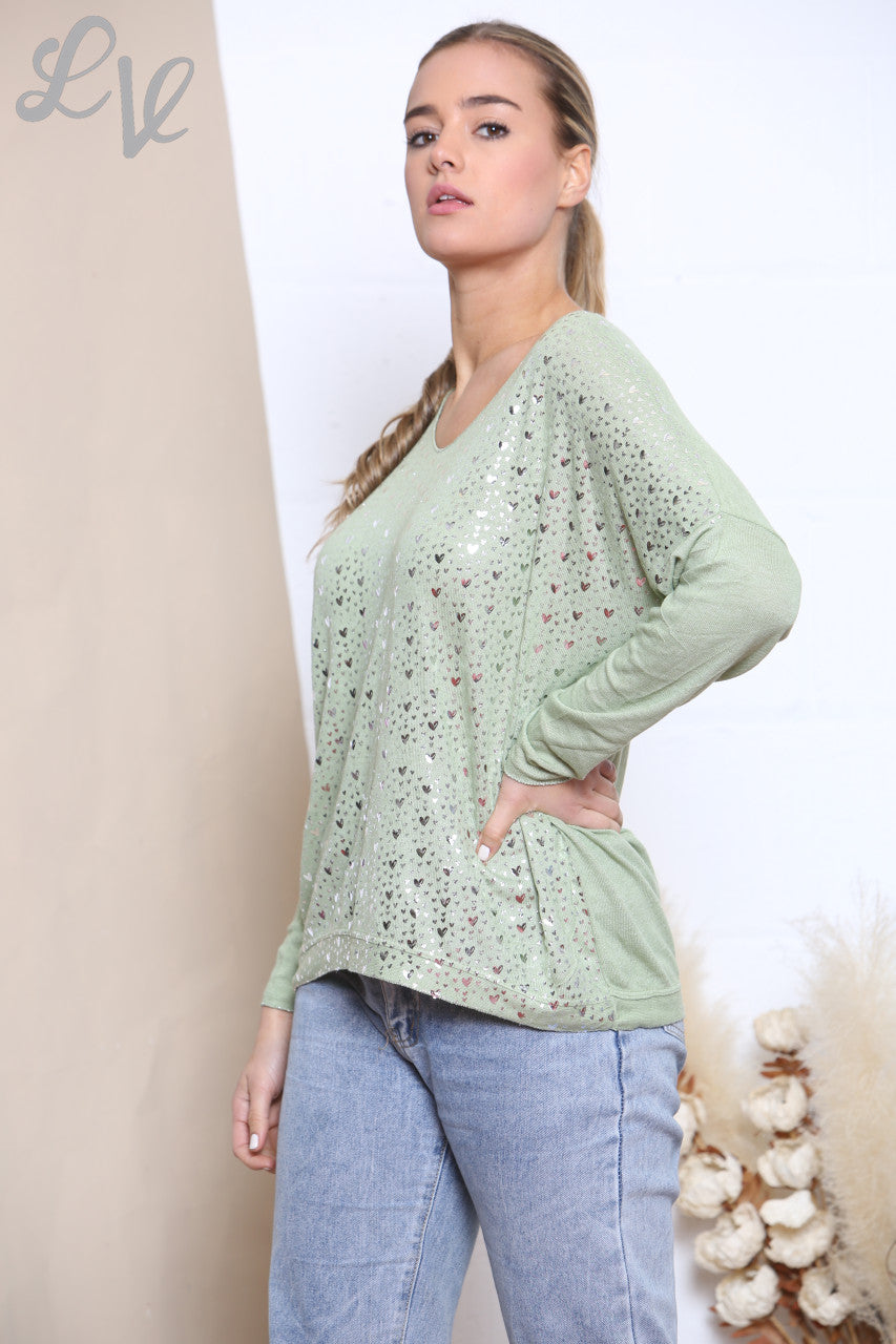Ladies Ditsy Heart Fine Knit Jumper Top Olive
