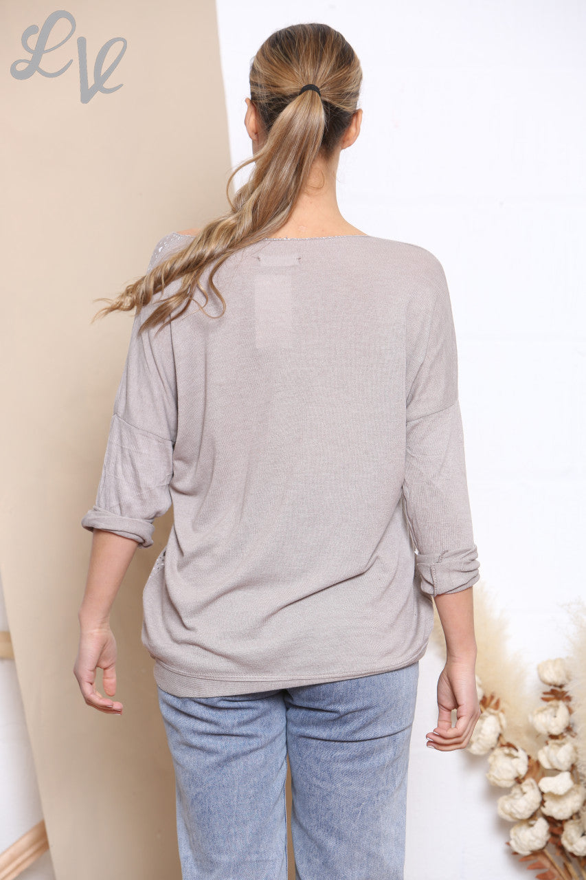 Ladies Ditsy Heart Fine Knit Jumper Top Taupe