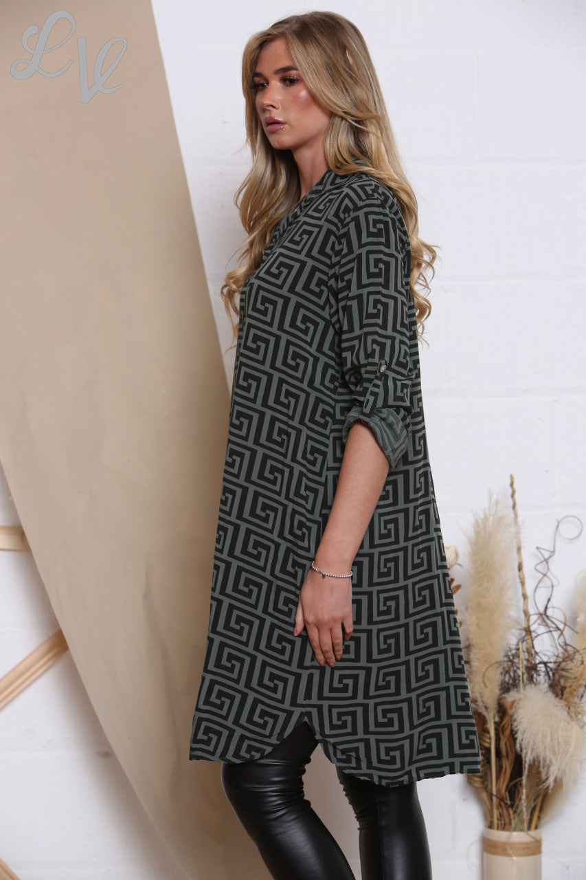 Ladies Geometric Print Longline Shirt Khaki Unit Price £10.99