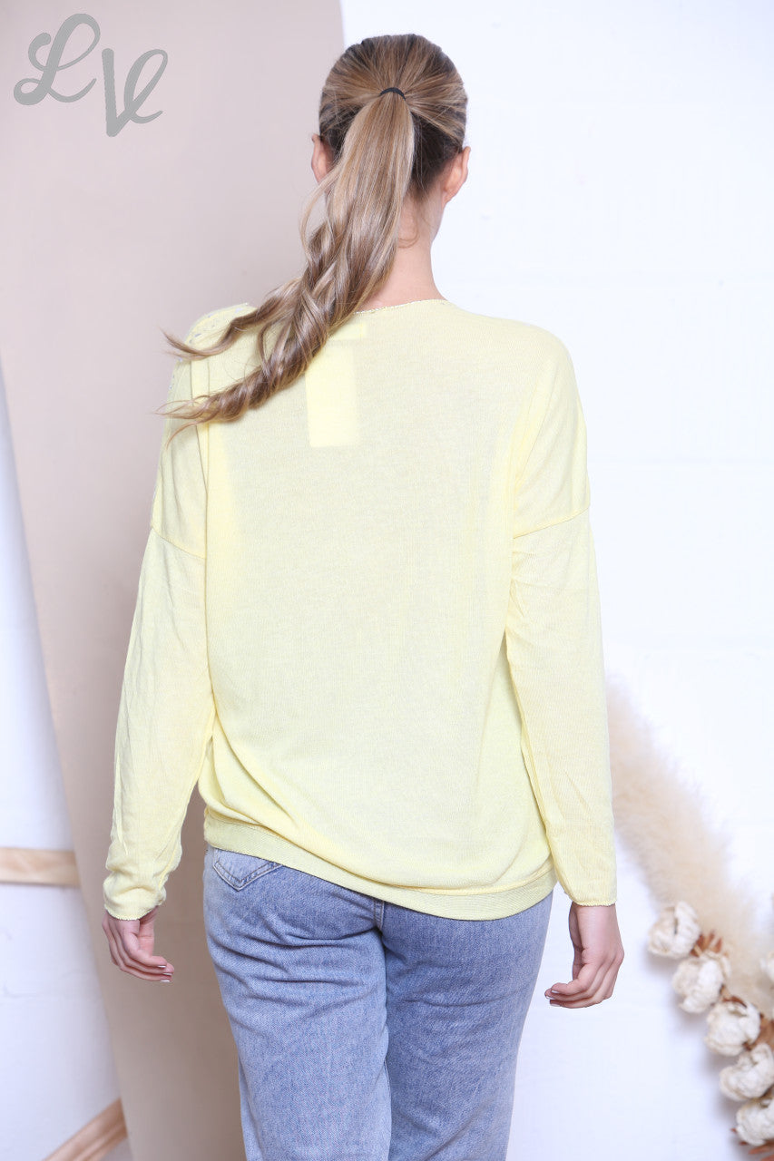 Ladies Ditsy Heart Fine Knit Jumper Top Lemon