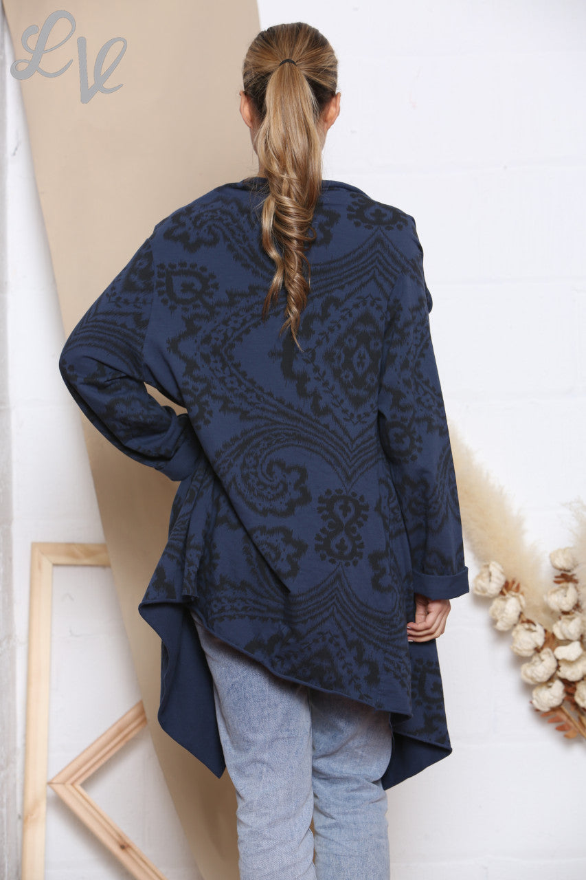 Ladies Paisley Print Wrap & Button Front Jacket Top Navy