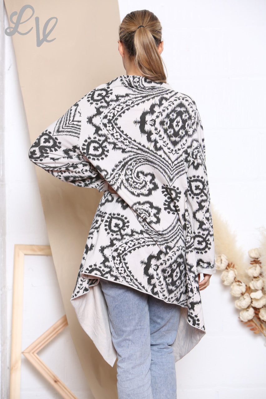 Ladies Paisley Print Wrap & Button Front Jacket Top Stone